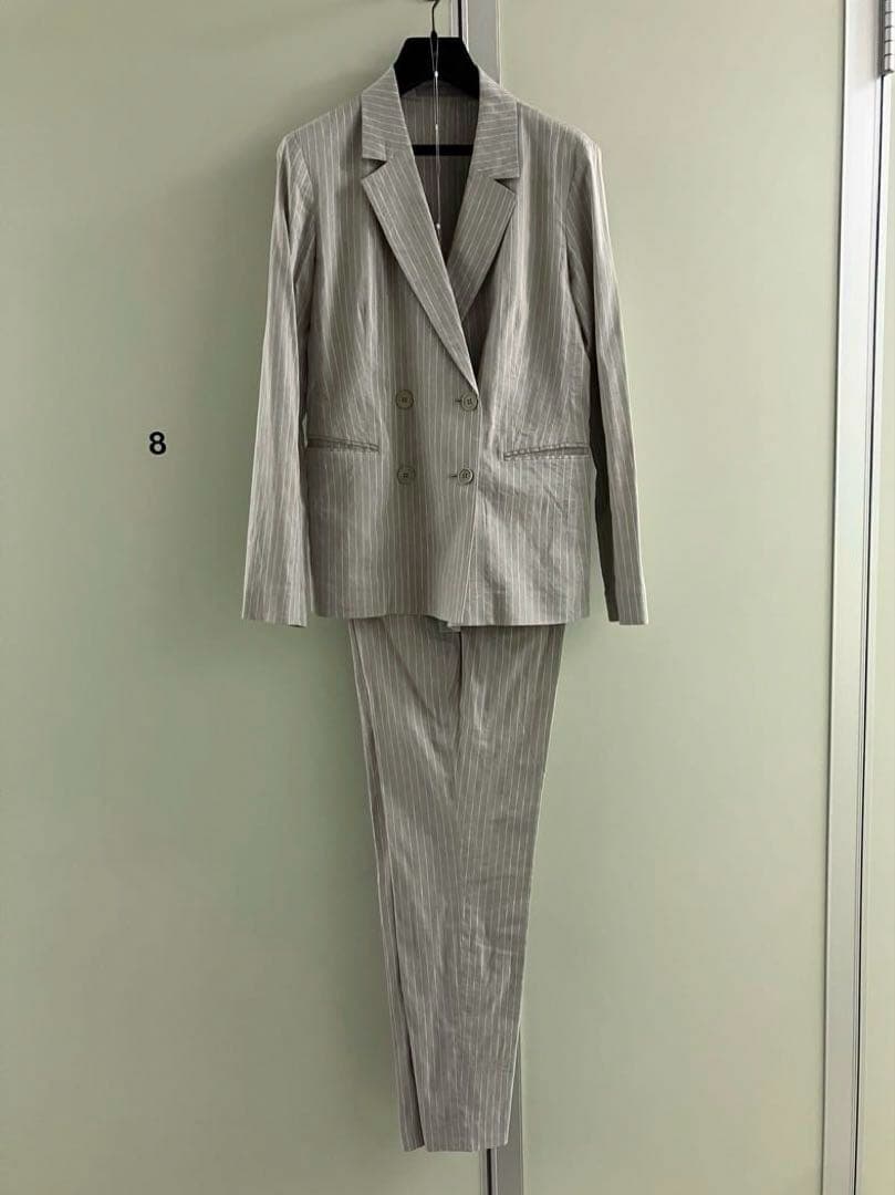 【theory luxe】グレージュ リネン ストライプ ダブル スーツ