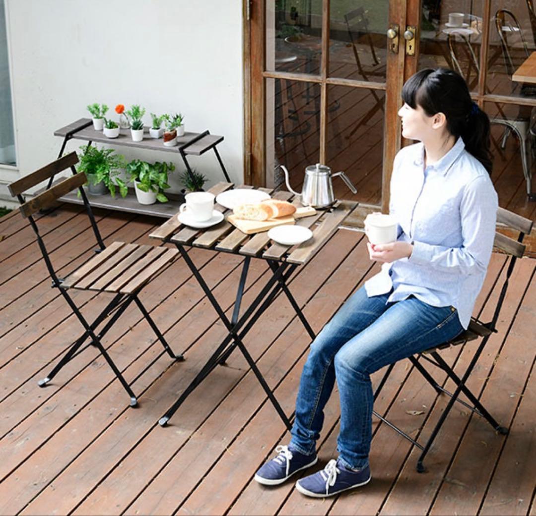 山善 ガーデンテーブル3点セット 折りたたみ バルコニー カフェ アカシア天然木