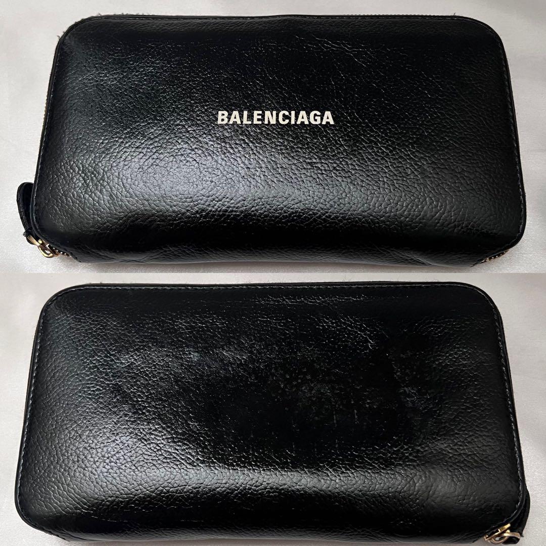 ◇美品◇バレンシアガ　ラウンドジップ長財布　白ロゴ×ブラックレザー　シボ革