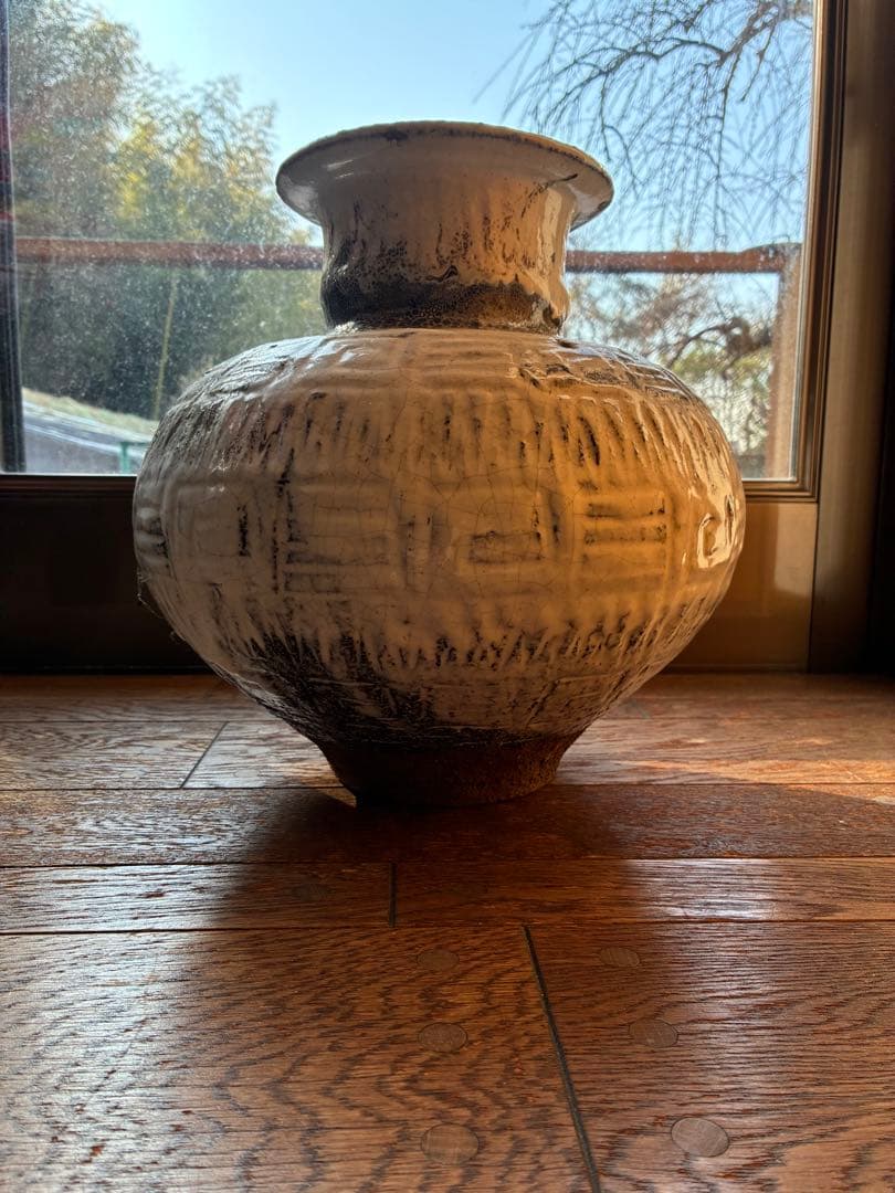 【大迫力】現代作家物 白釉 鉄絵 大壺 花器 34cm 銘あり 壺 陶芸