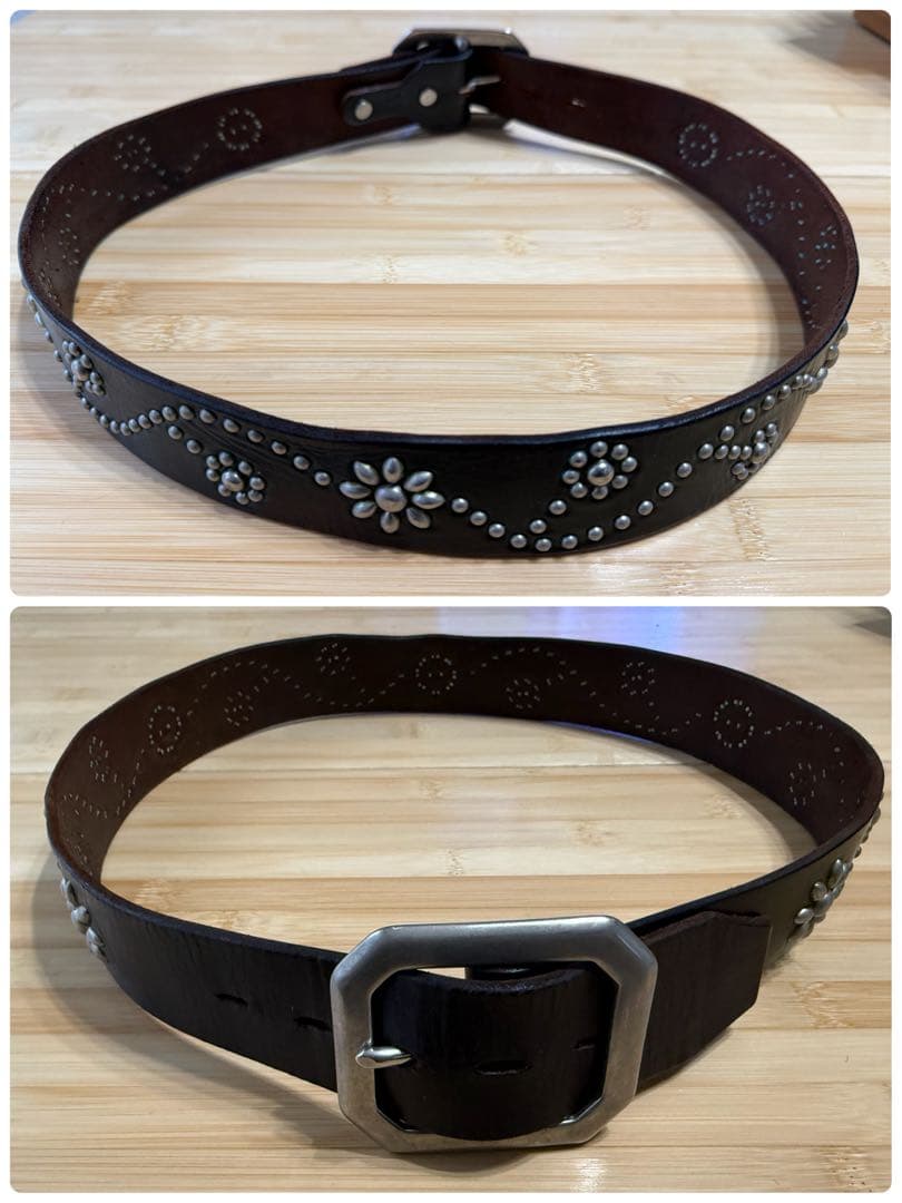 ⭐️HTC⭐️フラワーベルト⭐️ブラック(茶芯)レザー×シルバースタッズ⭐️36インチ