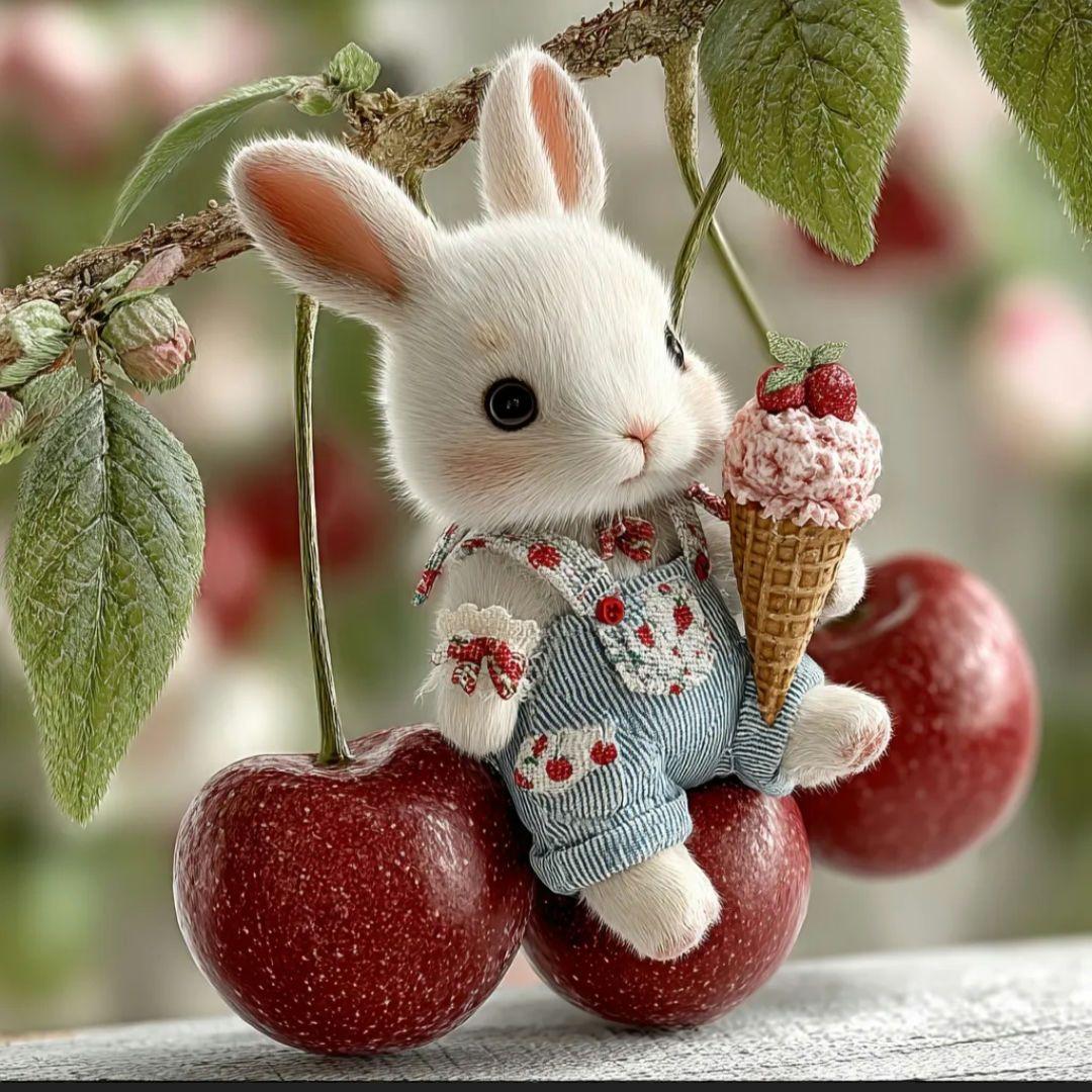 さくらんぼに乗るうさぎパネル生地　ハンドメイド