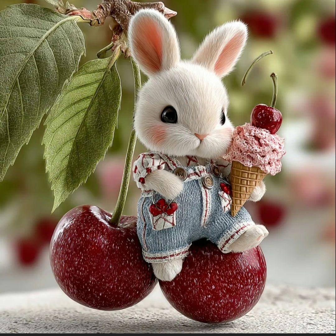 さくらんぼに乗るうさぎパネル生地　ハンドメイド