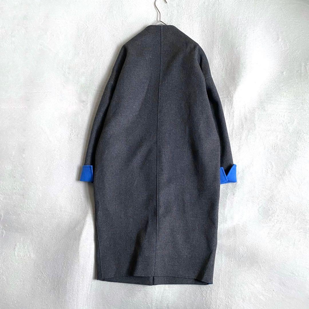 【美品✨】ENFOLD ウールリバーノーカラーコート　バイカラー　グレー×ブルー