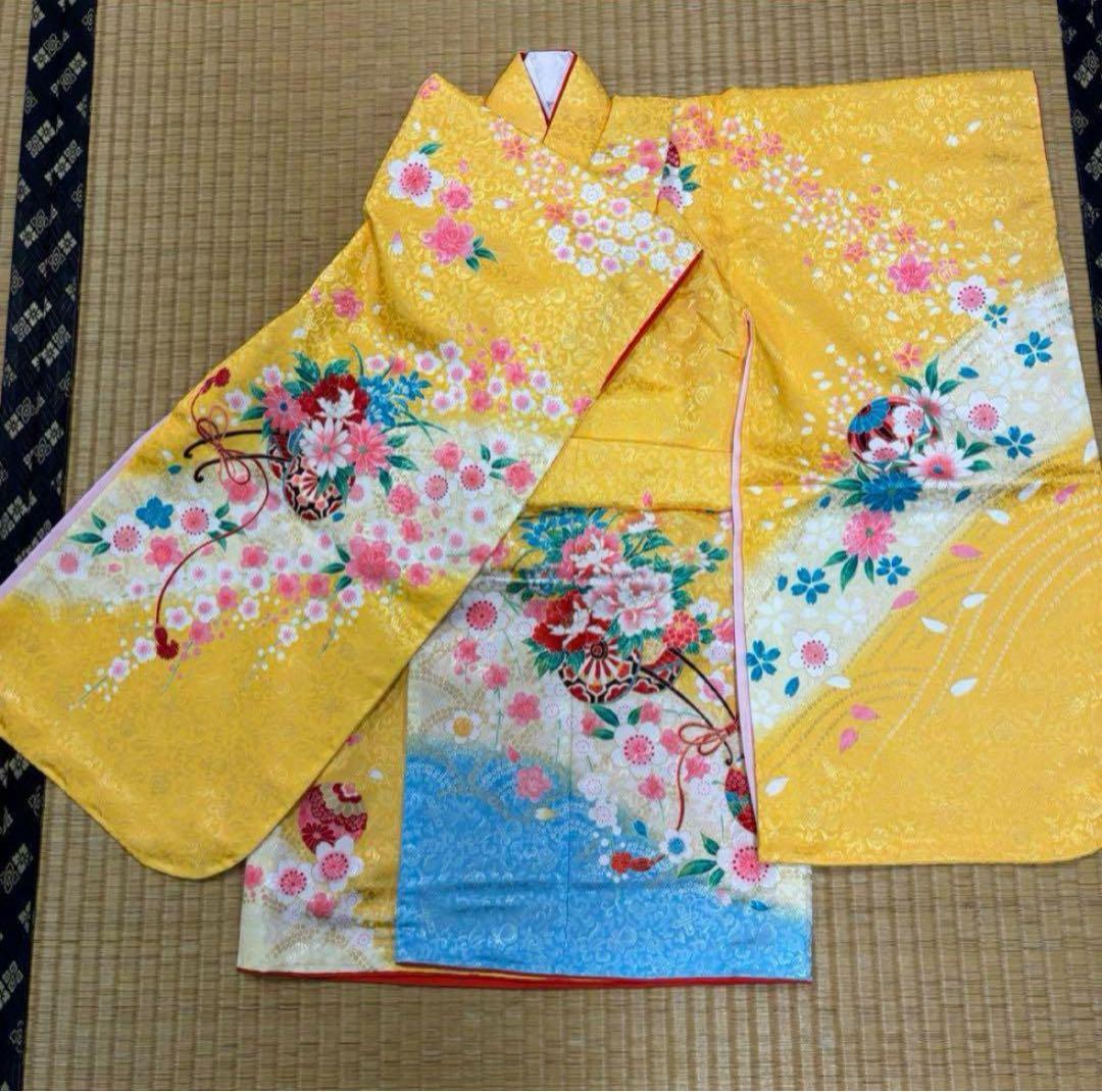 七五三　3歳女の子着物　新品　２点セット　鮮やか黄色　水色　花車　手毬　日本製