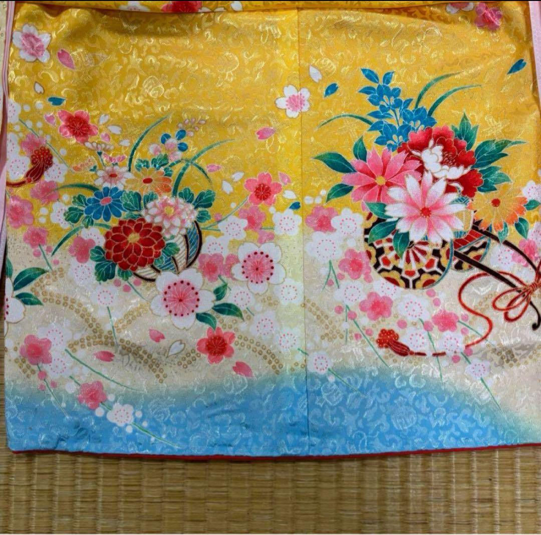 七五三　3歳女の子着物　新品　２点セット　鮮やか黄色　水色　花車　手毬　日本製