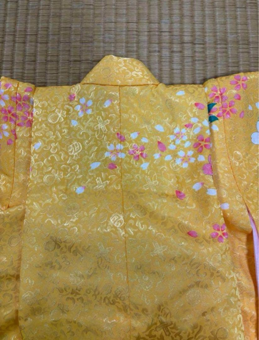 七五三　3歳女の子着物　新品　２点セット　鮮やか黄色　水色　花車　手毬　日本製