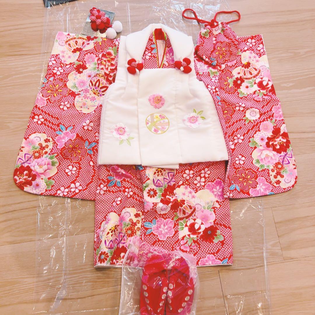 【フルセット】七五三 着物セット 花柄　女の子　3歳赤地 花柄 7点セット七五三