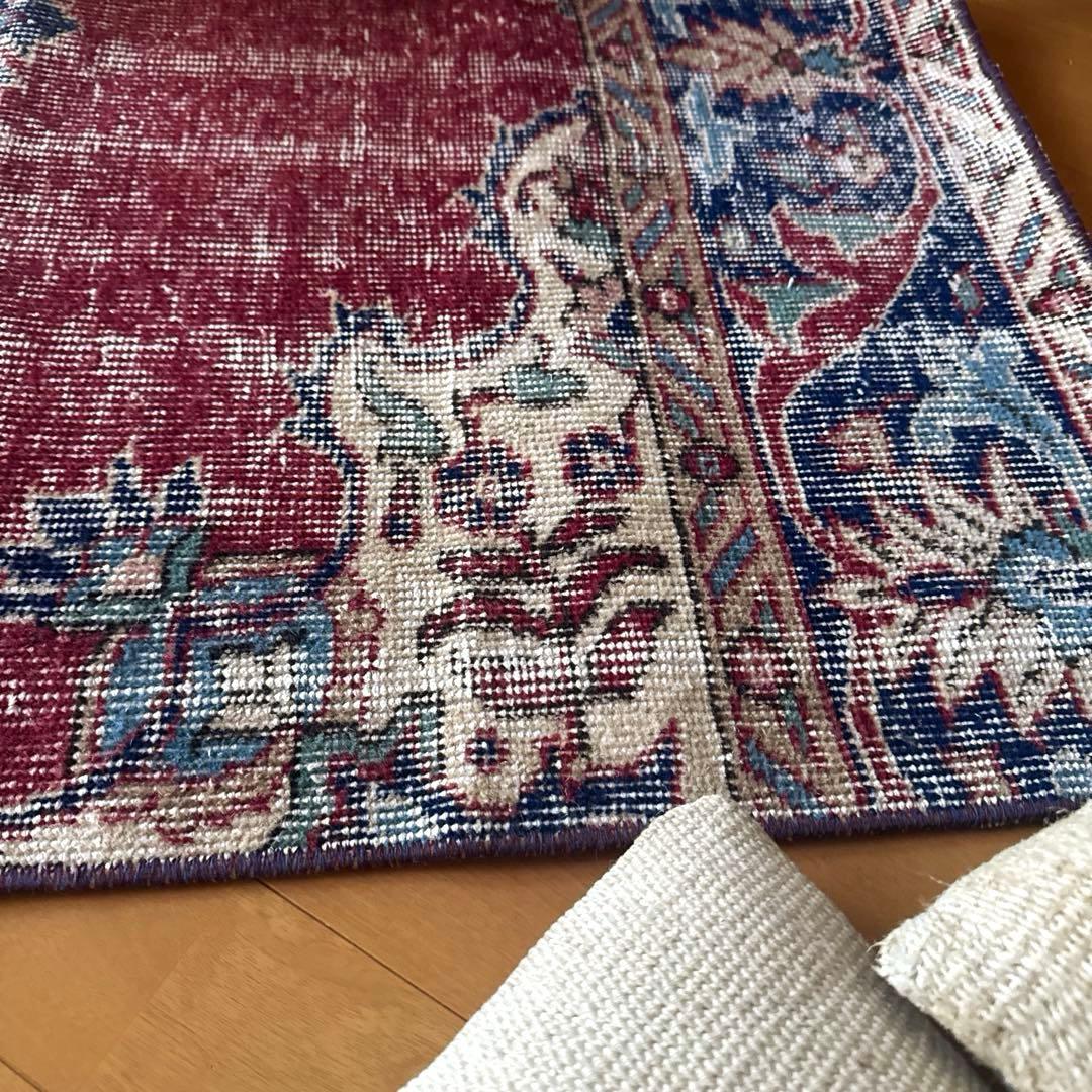52×96 エンジ色　ボタニカル　擦れシャビー　トルコヴィンテージラグ