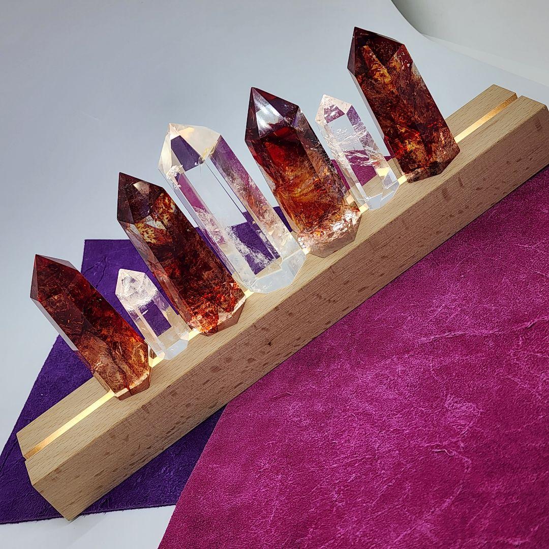 【天然石】ファイヤークォーツ＆水晶 ポイント7本セット LEDライト台座付き