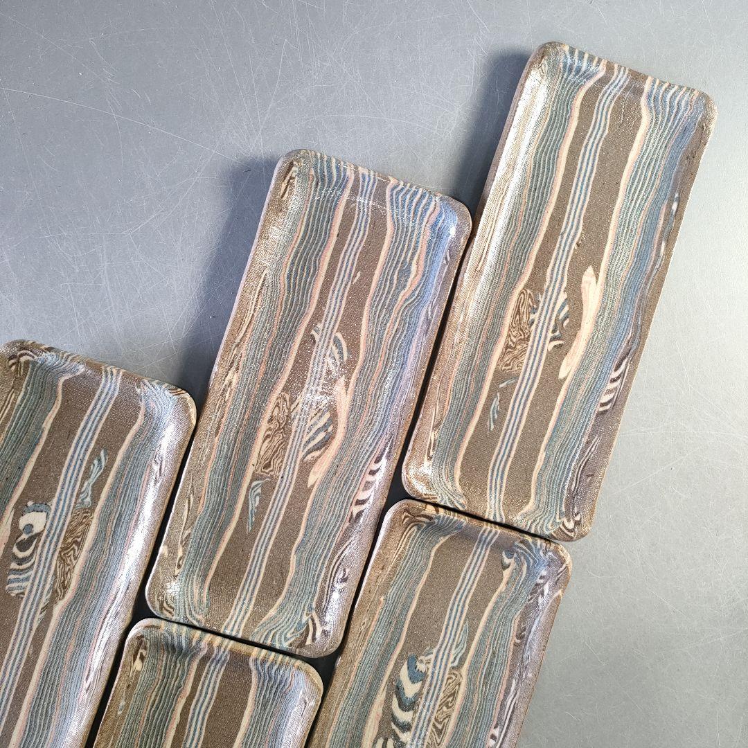 A1277-8/和弘 造/絞胎長皿5客/銘々皿/飾皿/盛皿/菓子皿/懐石道具/