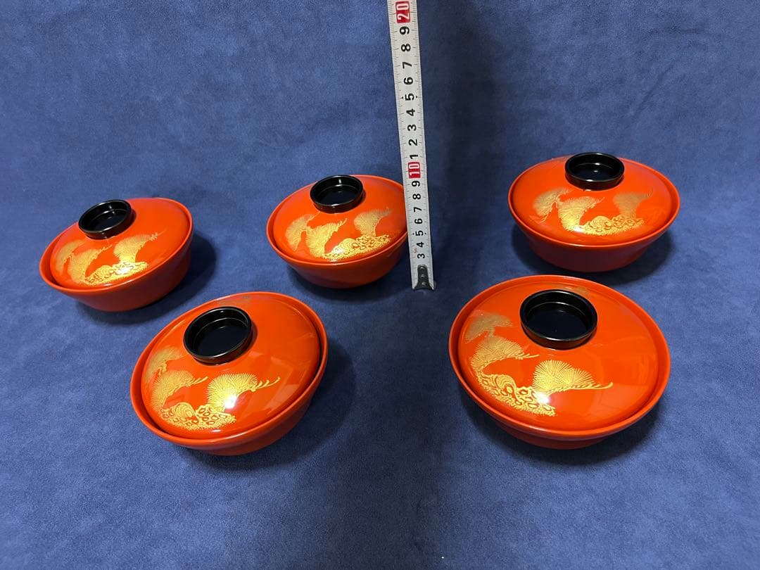 漆器　輪島塗　木製　蒔絵　蓋付椀　汁椀　5客　時代物　在銘稲森　木箱あり