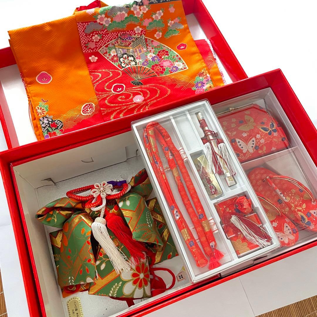 縁起の良い扇柄の七五三 7歳 着物 袋帯 長襦袢 小物セット オレンジ グリーン