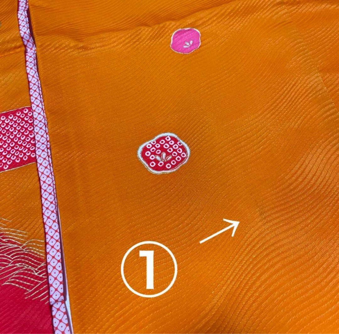 縁起の良い扇柄の七五三 7歳 着物 袋帯 長襦袢 小物セット オレンジ グリーン