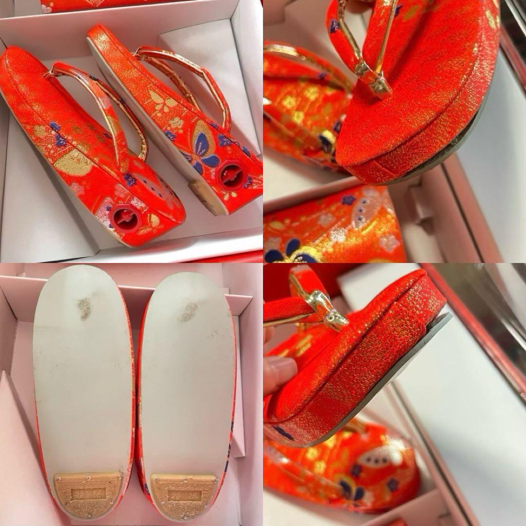 縁起の良い扇柄の七五三 7歳 着物 袋帯 長襦袢 小物セット オレンジ グリーン