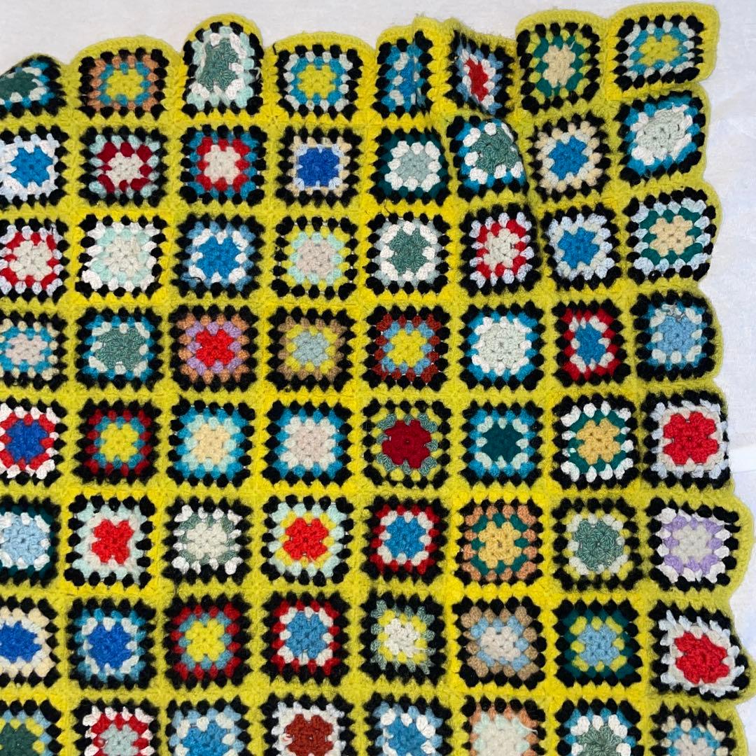 ヴィンテージ　ハンドメイド　ニット　ブランケット　パッチワーク　ラグ　アート