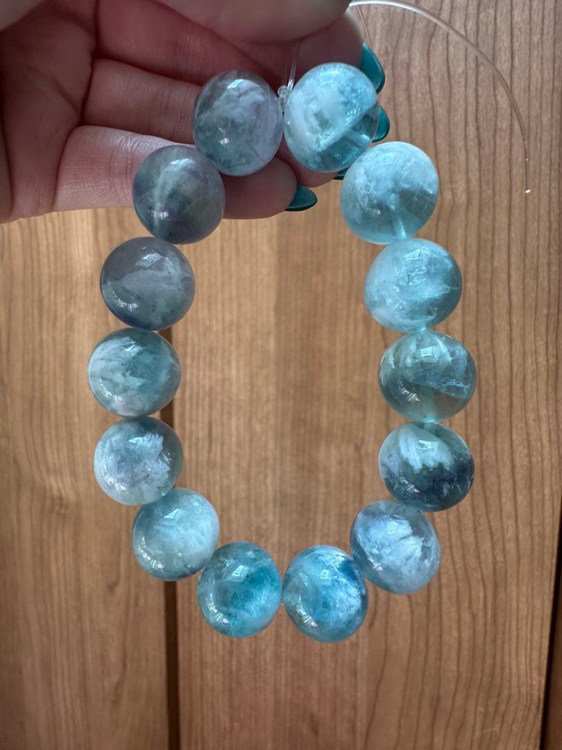 高品質 虹入り ブルー グリーン フェザーフローライト ブレスレット