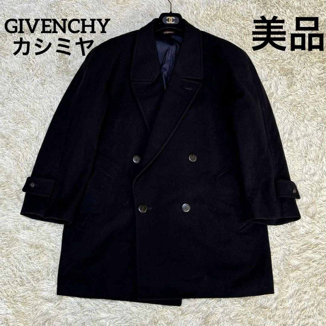 ジバンシー　カシミヤ混　ダブルブレストコート　ロゴ裏地　ロゴボタン　ブラック