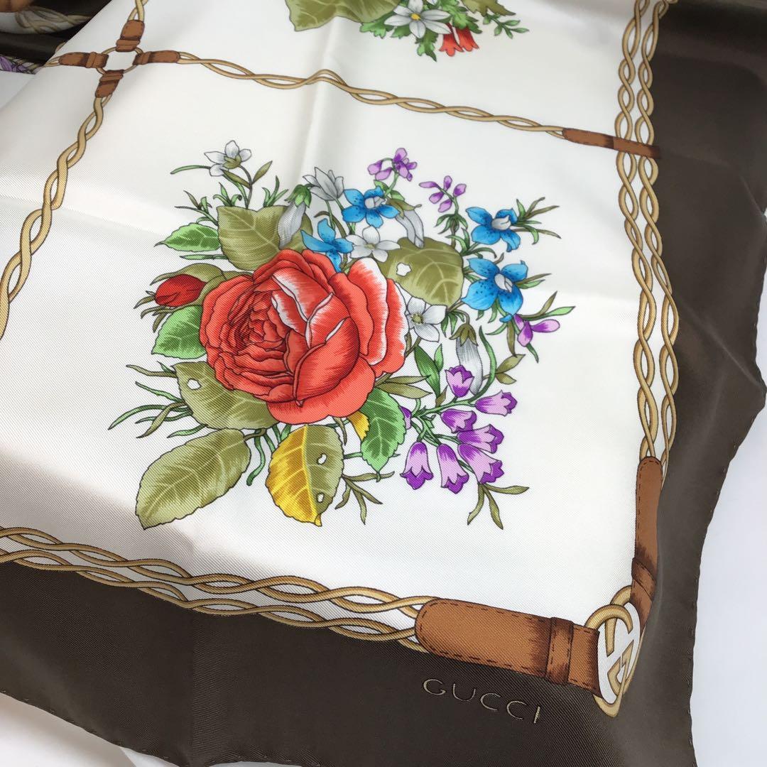 グッチ　GUCCI フローラ　シルク　スカーフ　オールドグッチ　ビンテージ　茶