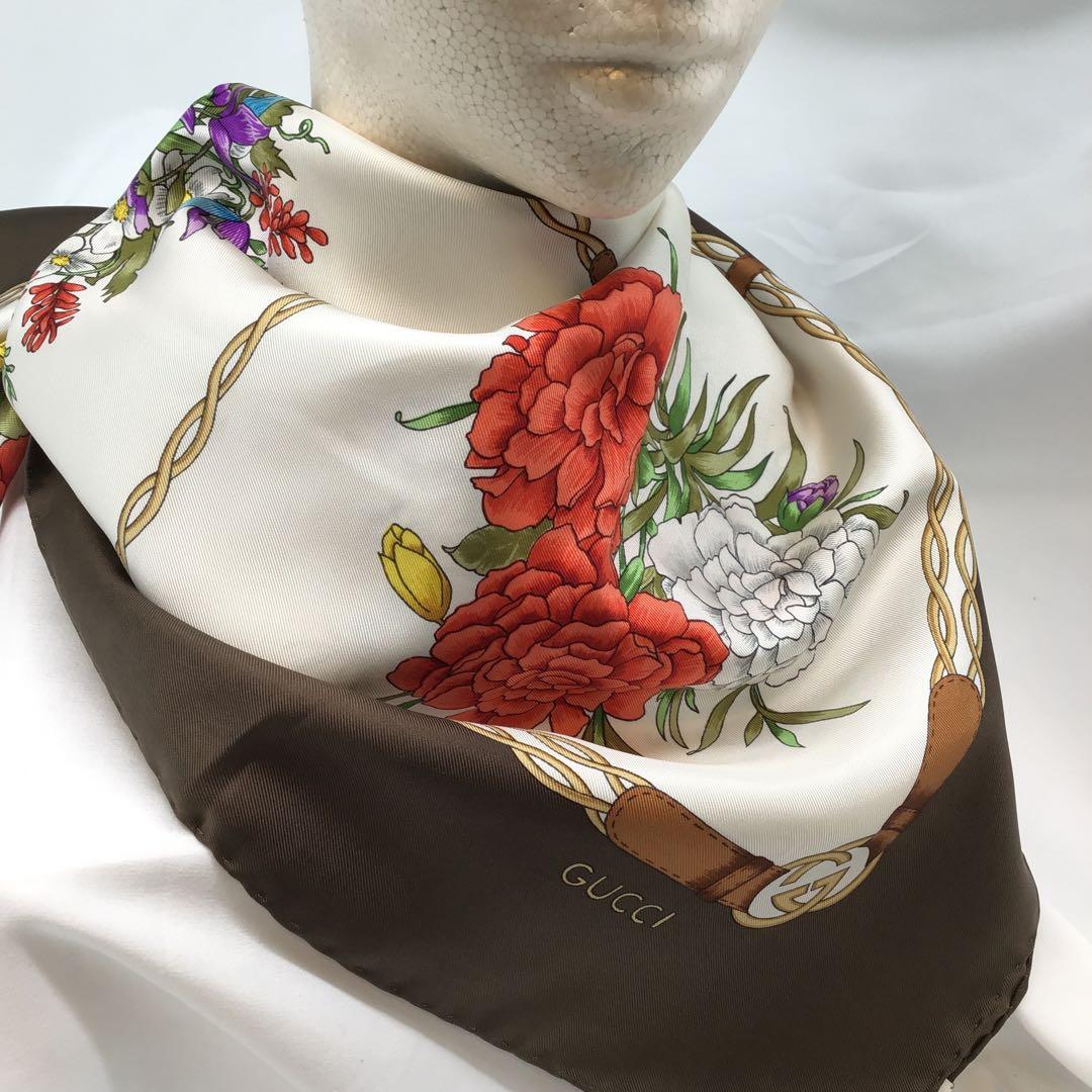 グッチ　GUCCI フローラ　シルク　スカーフ　オールドグッチ　ビンテージ　茶