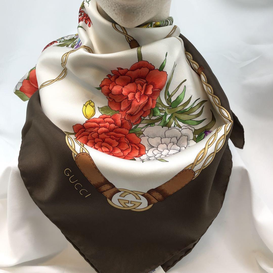 グッチ　GUCCI フローラ　シルク　スカーフ　オールドグッチ　ビンテージ　茶