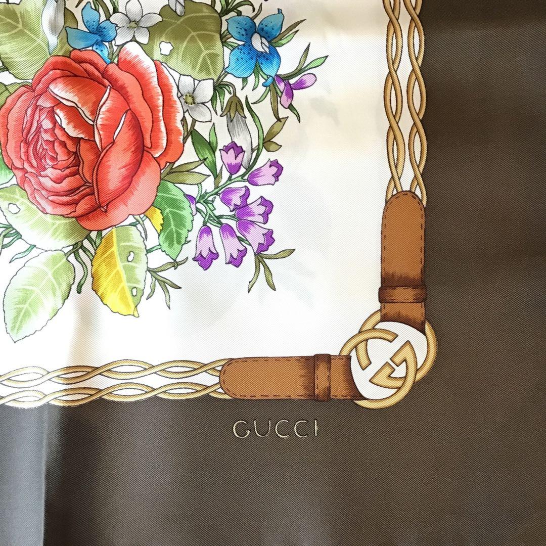 グッチ　GUCCI フローラ　シルク　スカーフ　オールドグッチ　ビンテージ　茶