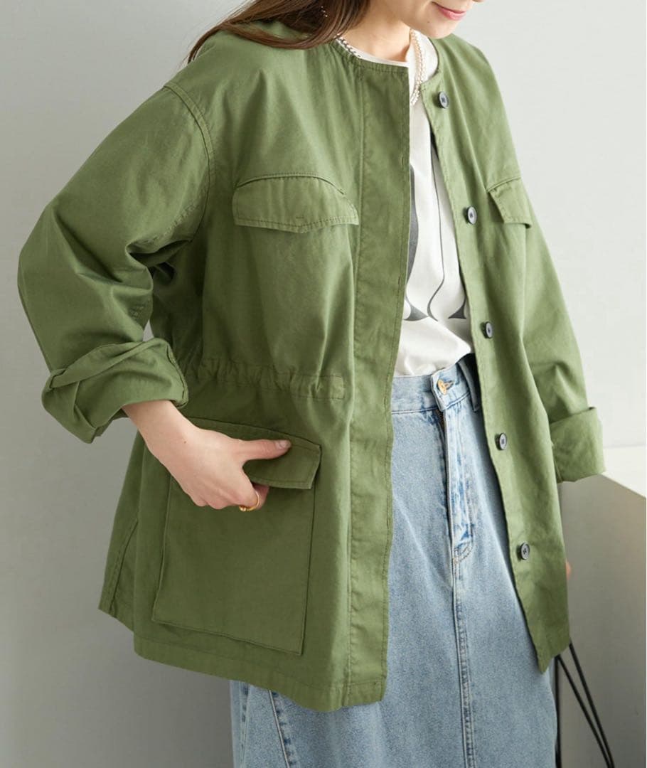 美品 ピュアルセシン ノーカラーミリタリーブルゾン フリー カーキ pual