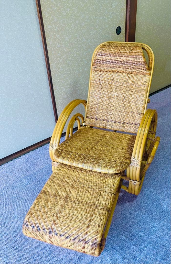 【手渡し限定】ラタン リクライニングチェア フットレスト付き 三つ折寝椅子