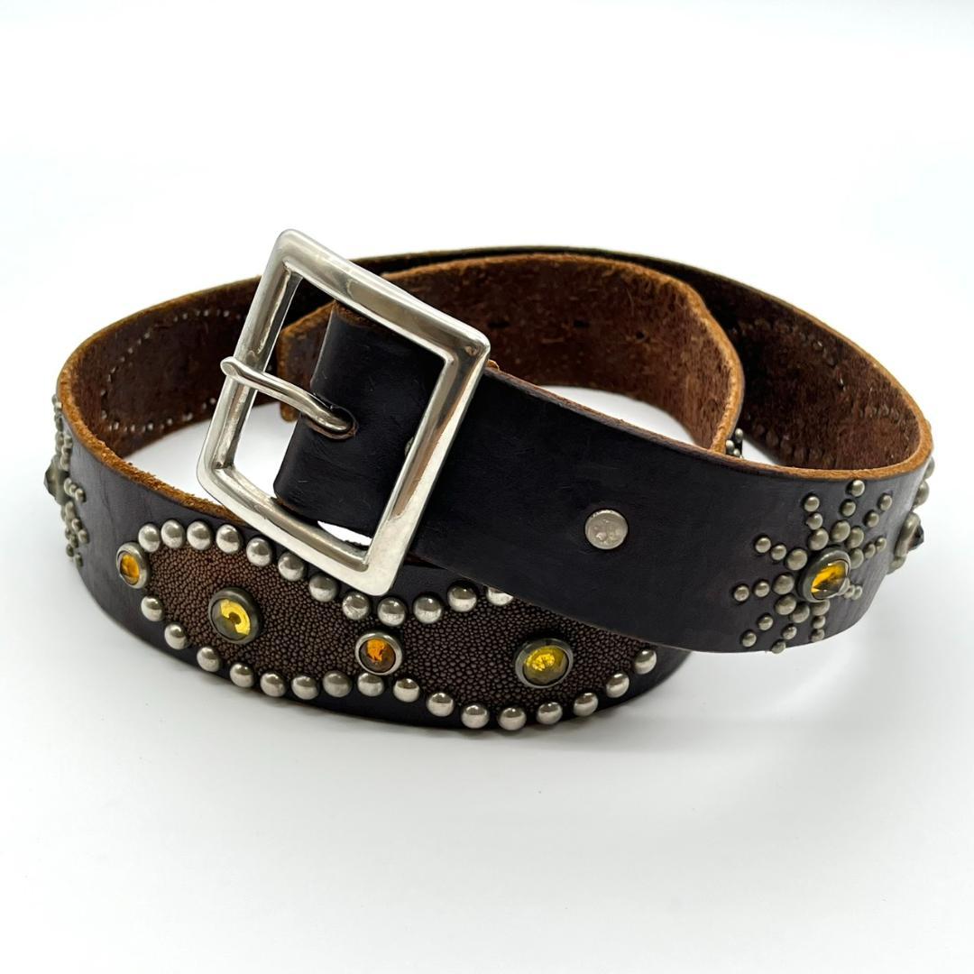 HTC エイチティーシ－ ベルト ビジュー スタッズ 装飾 本革 ダークブラウン