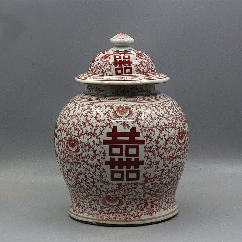 中国美術 四喜紅将軍缶 景徳鎮 陶磁器 装飾品 現代工芸品 美術品 置物