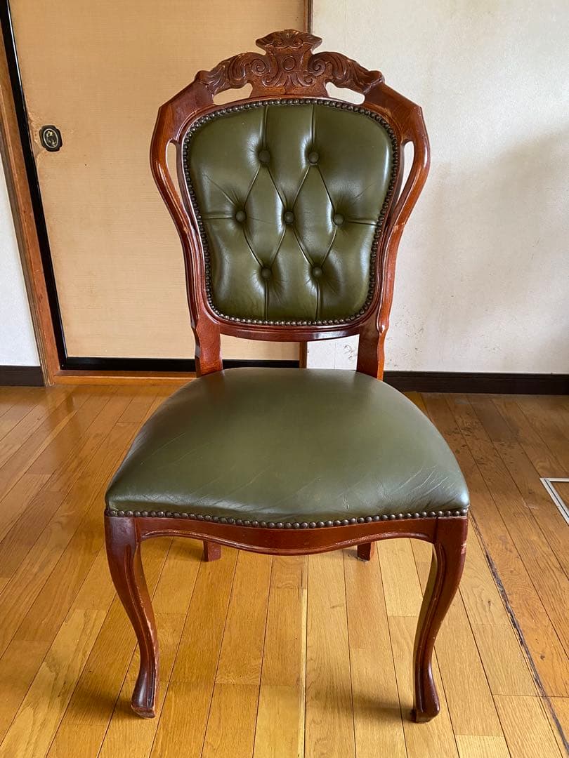 【高級アンティーク調】ダイニングチェア木製 グリーン 合皮 クラシックデザイン④