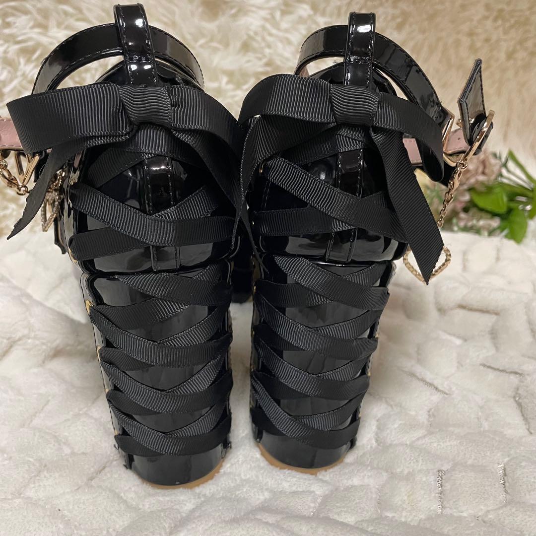 LIZLISA アンクレットストラップ3連リボンパンプス　ブラック　厚底