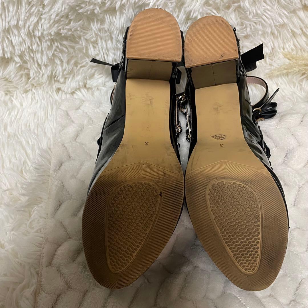 LIZLISA アンクレットストラップ3連リボンパンプス　ブラック　厚底