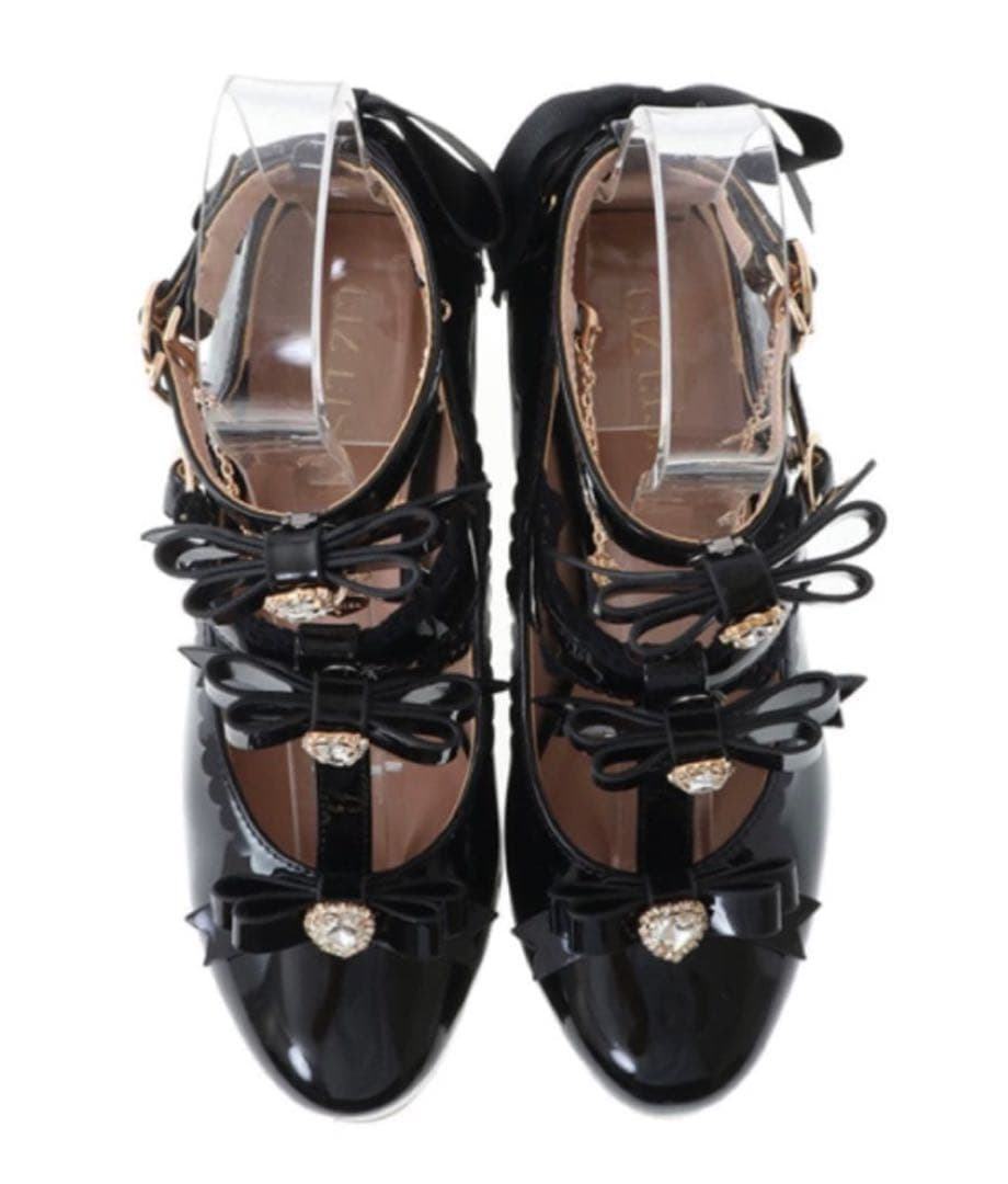 LIZLISA アンクレットストラップ3連リボンパンプス　ブラック　厚底