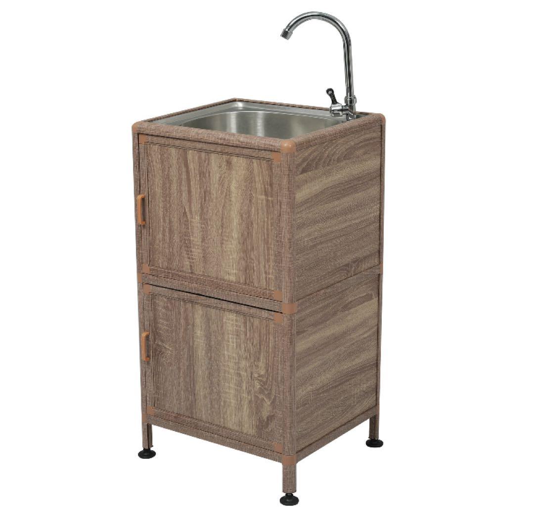 新品　ガーデンシンク　ステンレス製　収納棚付き　水道設備　蛇口　流し台　木目