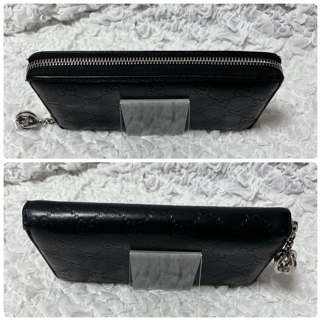 希少✨GUCCI ブラックレザー 長財布 GG ラウンドファスナー　シマ
