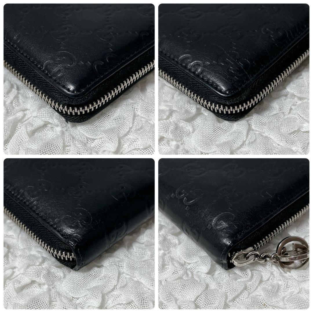 希少✨GUCCI ブラックレザー 長財布 GG ラウンドファスナー　シマ