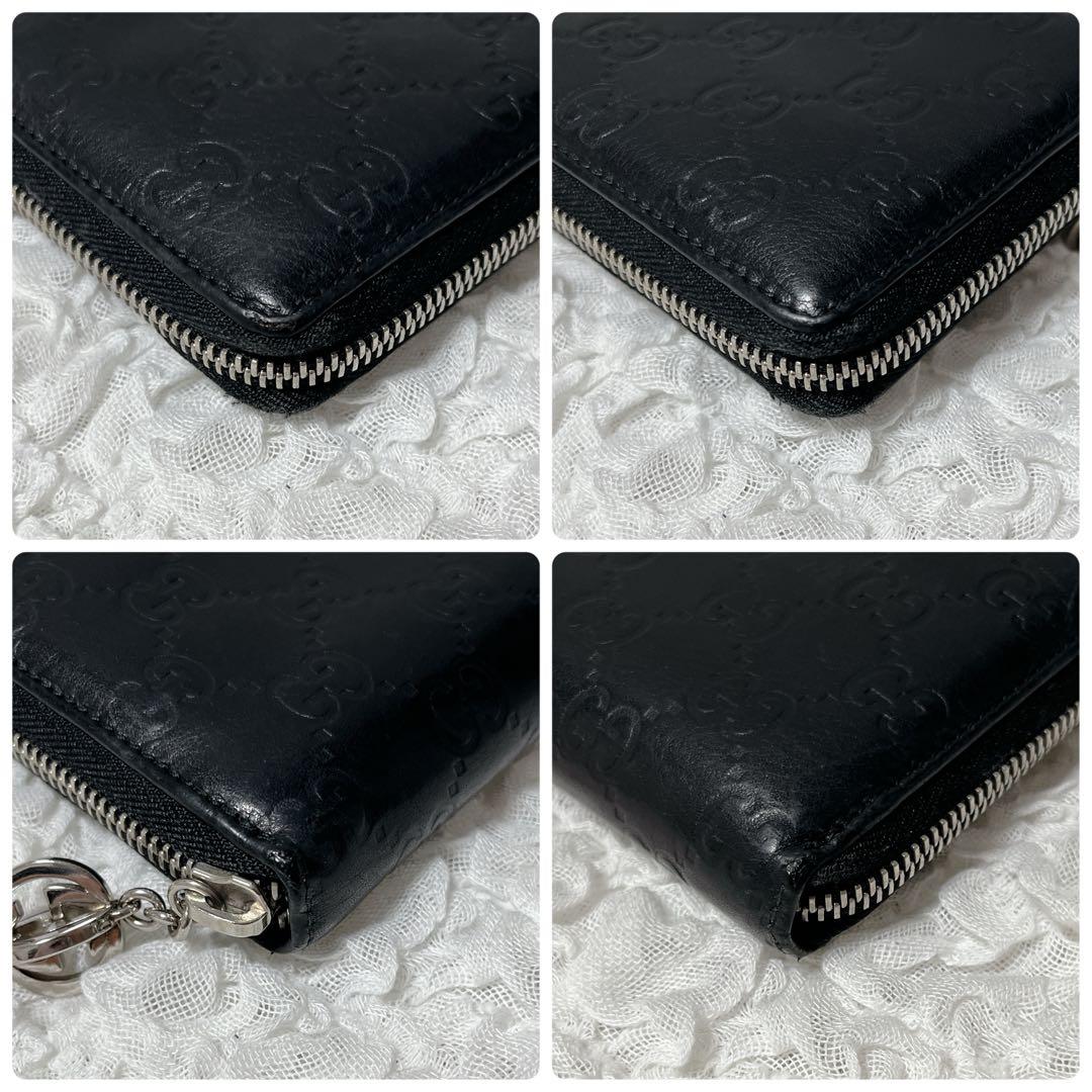 希少✨GUCCI ブラックレザー 長財布 GG ラウンドファスナー　シマ