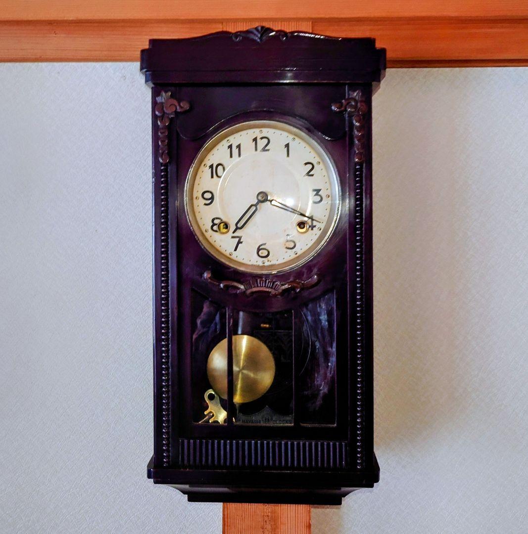 〈完動美品〉林時計　宮型ゼンマイ振り子掛け時計　ボンボン時計古時計