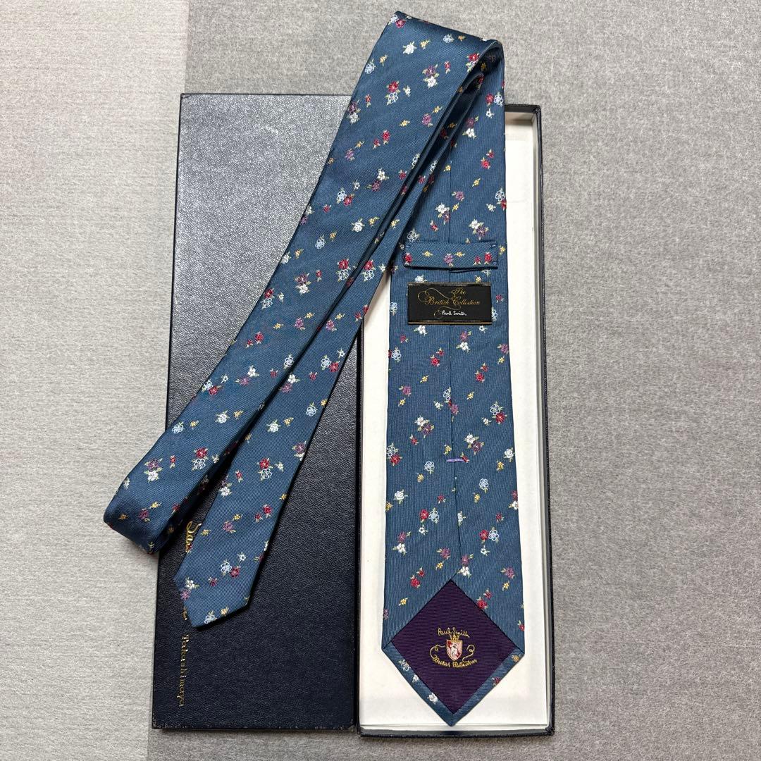 ポールスミス　ネクタイ　青紺　花柄　刺繍　シルクジャガード