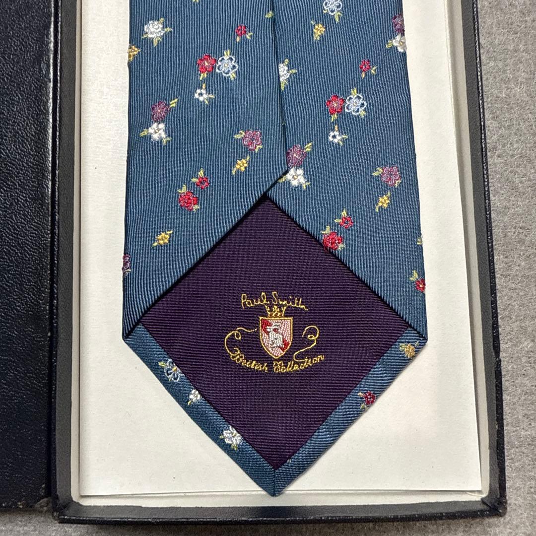 ポールスミス　ネクタイ　青紺　花柄　刺繍　シルクジャガード