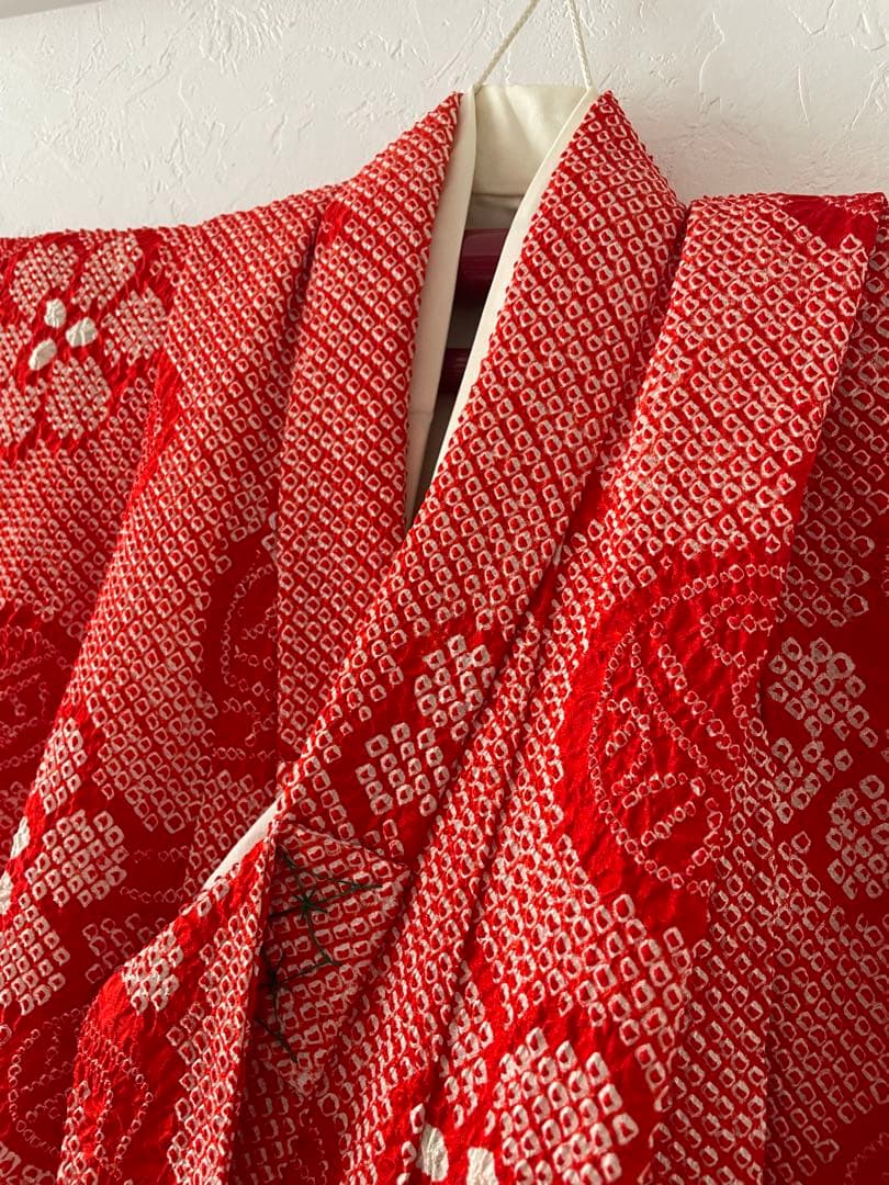 美品　七五三　3歳　正絹総絞りのお着物セット　正絹白地のちりめん被布　手毬