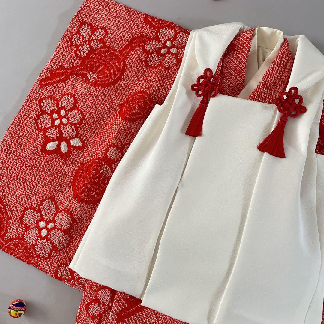 美品　七五三　3歳　正絹総絞りのお着物セット　正絹白地のちりめん被布　手毬