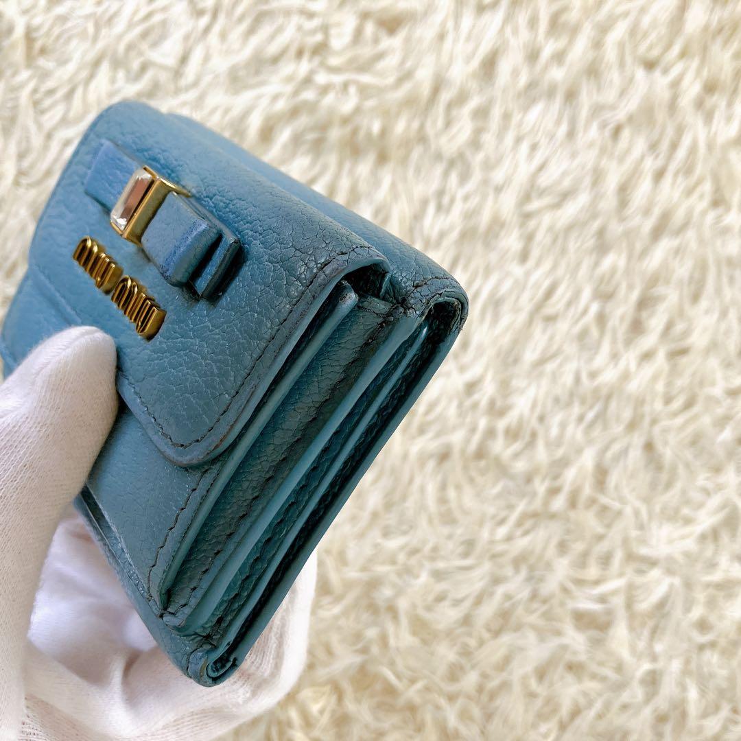 ICチップ認証済✨ミュウミュウ 三つ折り財布 クリスタルマドラス ブルー系