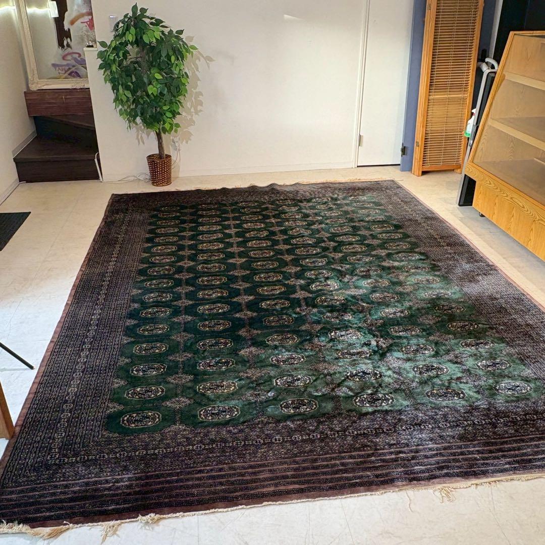 パキスタン絨毯　グリーン　ラホール　アンティーク　絨毯　ラグ　カーペット