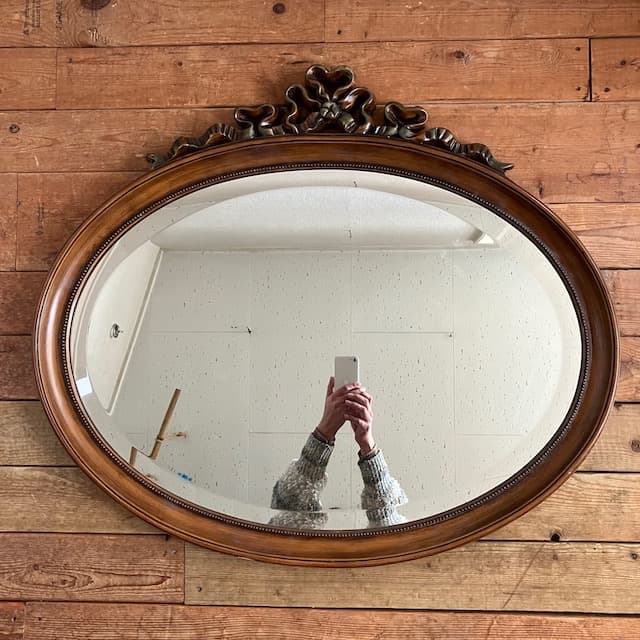 ヴィンテージ クラシック オーバル ウォールミラー リボン 木彫り 木製 鏡