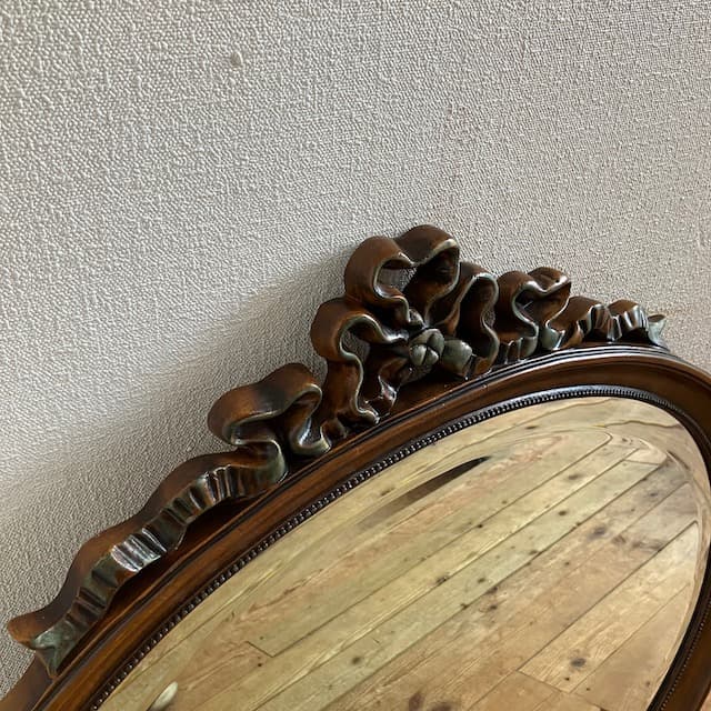 ヴィンテージ クラシック オーバル ウォールミラー リボン 木彫り 木製 鏡