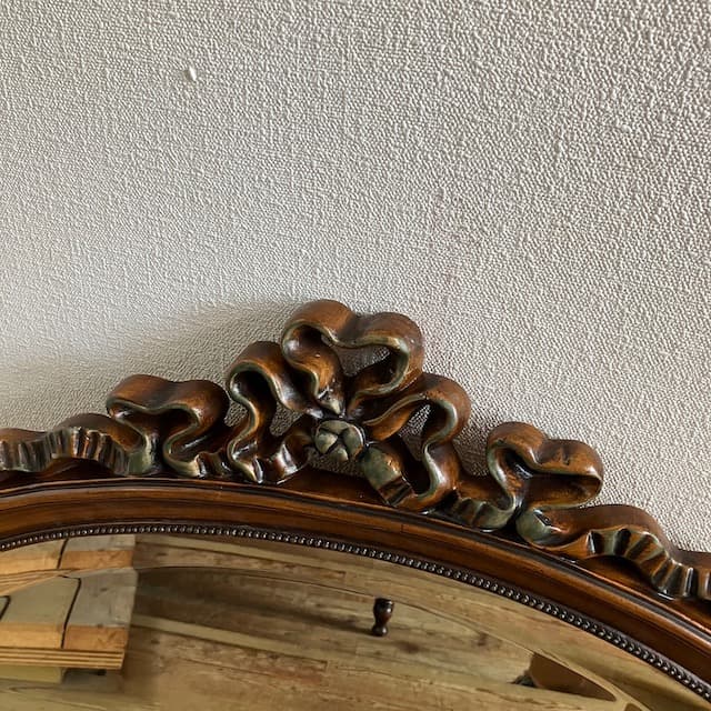 ヴィンテージ クラシック オーバル ウォールミラー リボン 木彫り 木製 鏡