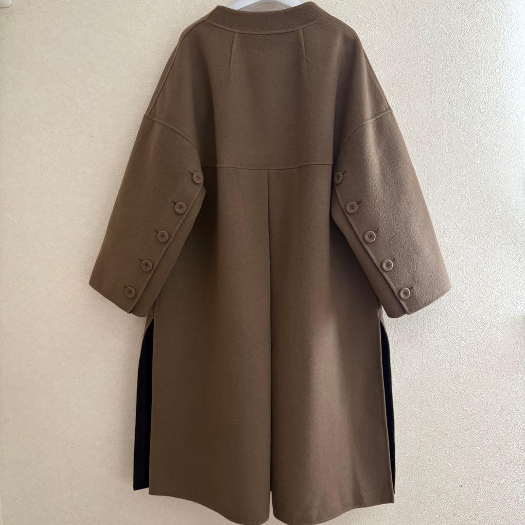 アドーア　ウール　カシミヤ　ノーカラー　リバー　コート　2トーン