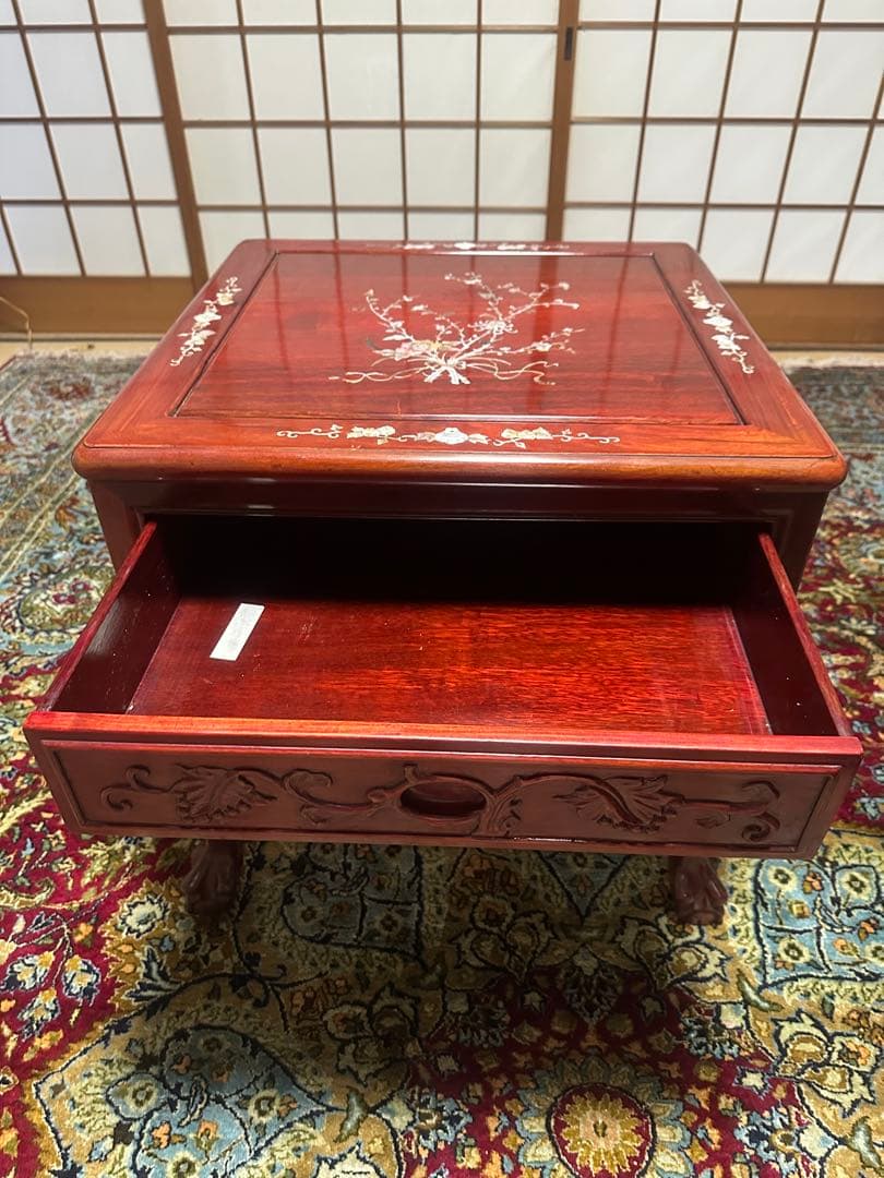 螺鈿細工 引き出し收納　木彫 花台 電話台 置物台 サイドテーブル2点セット